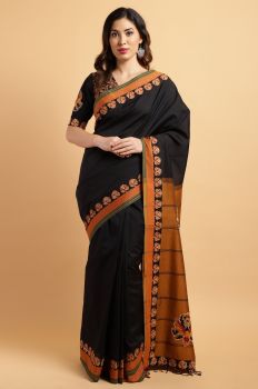Black and Mustard Kalamkari Cotton Saree