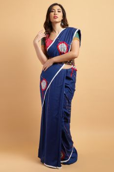 Blue Cotton Patchwork Saree