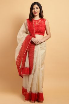 Red and Beige Block Printed Chanderi Saree