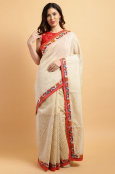 Off-White Embroidered Chanderi Saree
