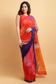 Orange and Purple Pure Georgette Pre-Stitched Saree