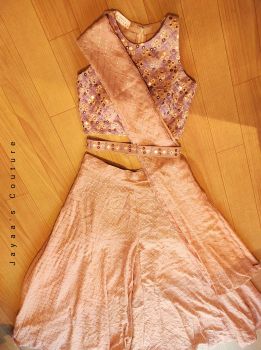Beige crop top with sharara and draped dupatta