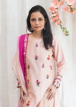 Asymmetric Embroidered Kurta with Crinkled Pyjama and Dupatta