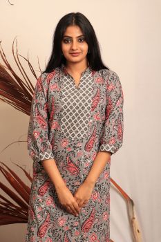 Grey Block Print Kurti Set