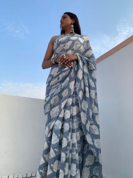 Muslin silk saree with leaf motif