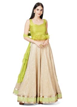 Cream and green embroidered lehenga set