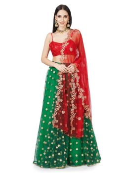 Green and red embroidered lehenga set
