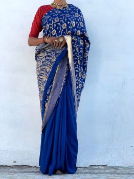 Half plain half zari weave blue saree
