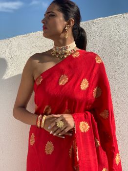 Red saree with zari weave butta allover