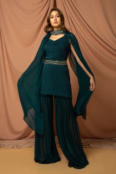 Bottle green one sided pintuck Kurta along with flared sharara with belt & stole