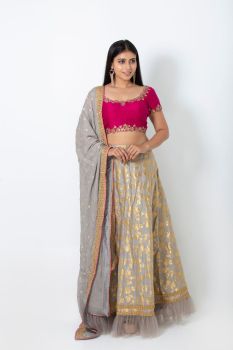 Dark Pink And Grey Lehenga