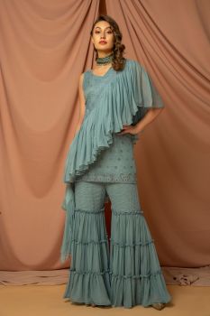 Powder Blue front flare chikankari kurta with sharara