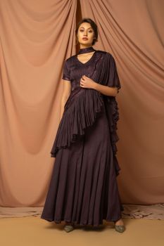 Metallic purple front flare sari attached to kalidaar pants & blouse