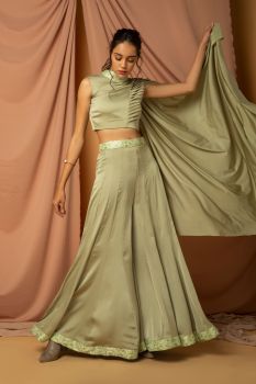 Golden green one side pleated blouse with stole & kalidar pants