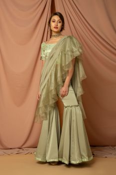 Brocade blouse with one layer sharara & organza flare