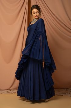 Metallic blue flared sari attached to kalidaar pants & blouse
