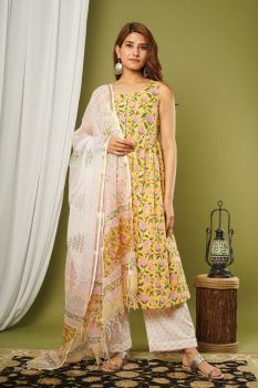 100% Block Printed Potli Button Kurta Set Dupatta Koradoria Dupatta