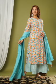 Blue Orange Printed Suit Set