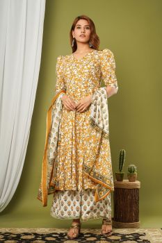Mustard White Printed Suit Set
