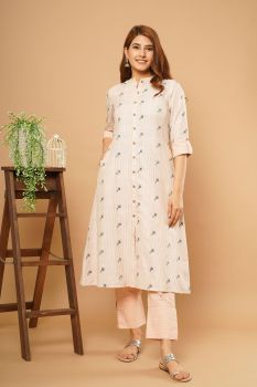 Peach Cotton Mandarin Collar Kurta Set