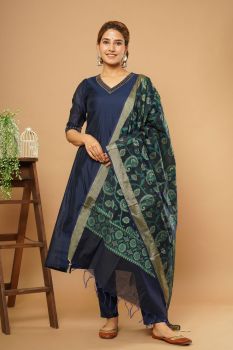 Blue Chandari A-Line Kurta Set With Heavy Dupatta