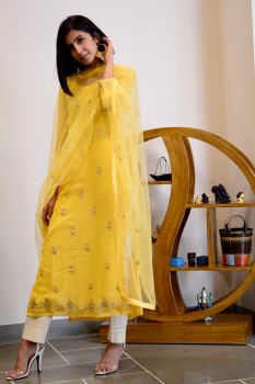 Yellow Georgette Heavy Work With Pant And Dupatta