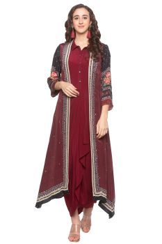 Designer printed jacket with drape dress