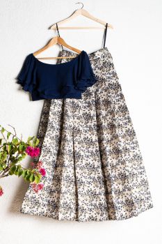 Oxford Blue Embossed Jacquard Lehenga With Oxford Blue Layered Off Shoulder Blouse