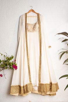 Pearl White And Gold Anarkali Jacket Lehenga Set