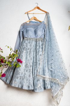 English Blue And Silver Lehenga Set