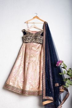 LEMONDADE PINK CHANDERI LEHENGA WITH OFFSHOULDER MIDNIGHT BLUE BLOUSE & DUPATTA