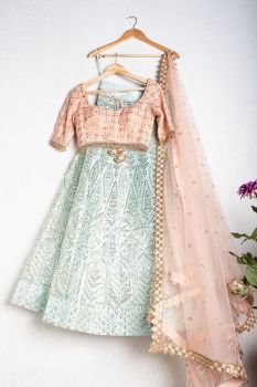 Aqua Sky Blue Gota Patti Lehenga With Salmon Pink Gota Blouse And Salmon Pink Dupatta