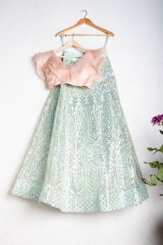 Aqua Sky Blue Gota Patti Lehenga With Soft Shell Ruffle Blouse