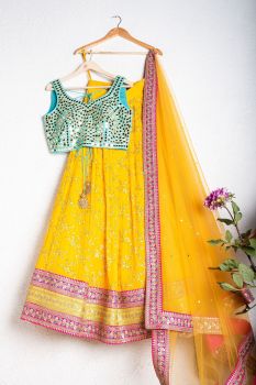 Marigold Yellow Lehenga Set Wit Turquoise Blue Blouse