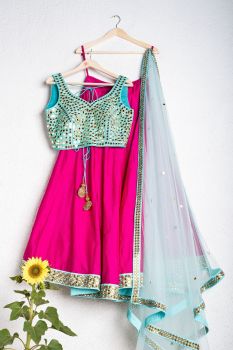 Magenta Pink Lehenga With Turquoise Blue Mirrorwork Blouse And Light Blue Dupatta