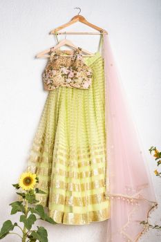 Lemon Green Lehenga With Oyster Floral Blouse And Pink Dupatta