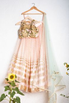 Rose Pink Lehenga With Oyster Floral Blouse And Mint Dupatta