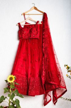 Strawberry Red Embroidered Lehenga Set