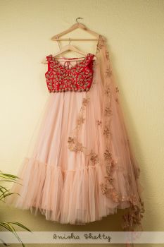 Salmon Pink Tirered Lehenga With Red Cutwork Zardozi Blouse And Zardozi Dupatta