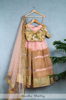 Pink And Gold Lehenga With Oyster Floral Blouse And Pink Dupatta