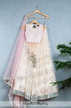 Pastel Champange Peach Mirror Lehenga With Pastel Champange Pink Mirror Blouse And Dupatta