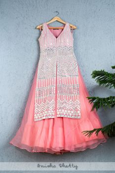 Flamigo Pink Organza Lehenga With Long Leather Applique Kurta Jacket