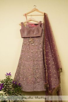 Onion Pink Cord Embroidered Lehenga Set With Purple Blouse And Dupatta