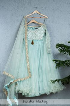 Aqua Sky Blue Net Tuttle Lehenga With Gota Patti Blouse And Dupatta