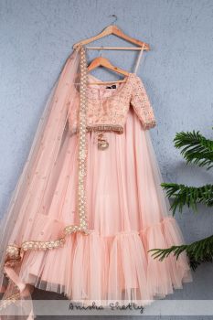 Salmon Pink Gota Blouse With Pink Tiered Lehenga And Dupatta