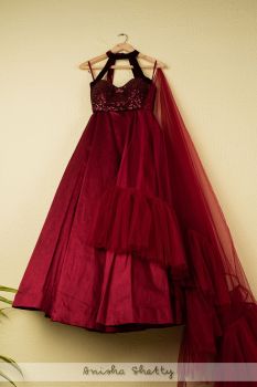 Burgundy Lehenga With Sequence Halter Blouse And Frill Dupatta