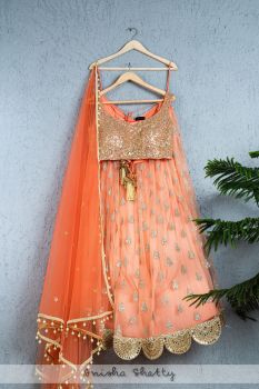 Peach Butti Lehenga With Mirror And Sequence Blouse And Coral Dupatta