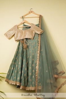 Teal Blue Dupion Lehenga With Ivory Blouse & Ivory Dupatta