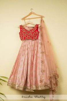 Blush Pink Dupion Lehenga With Red Zardosi Blouse & Blush Pink Zardosi Dupatta