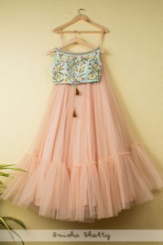 Salmon Pink Tiered Lehenga With Blue Embroidered Crop top